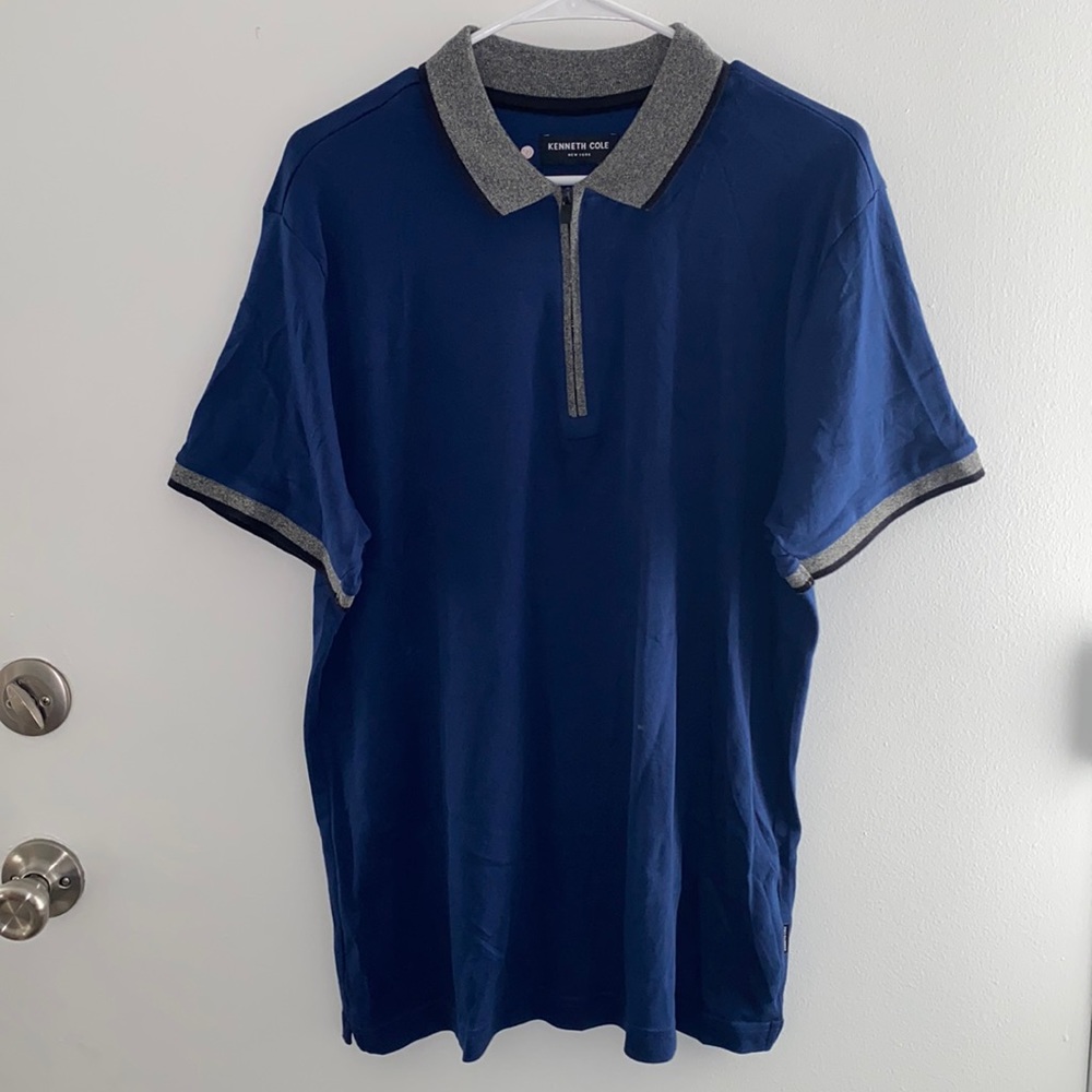 Kenneth Cole Blue Zippered Collar Short Sleeve Polo